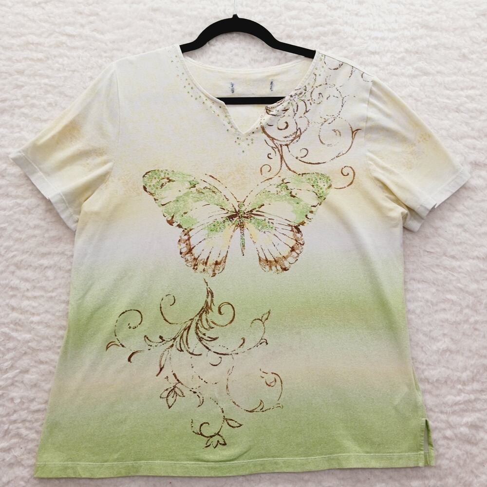 T-Shirt Women Green Yellow Ombre Butterfly Rhinestone Vacation Brazilcore Sz L?